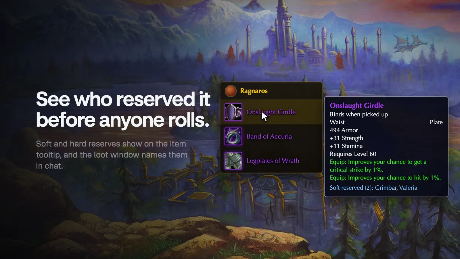 The line the addon adds to the tooltip: “Soft reserved (2): Grimbar, Valeria”.